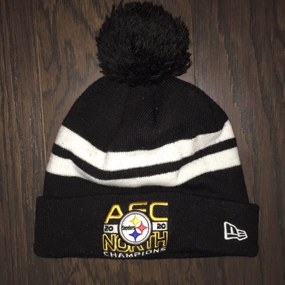 2020 Pittsburgh Steelers AFC North Champions Black White stripe knit beanie cap